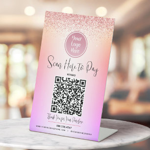QR-Code-Logo Rosa Glitter Lila Ombre Hier Zahlen Sockelschild