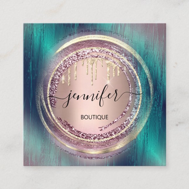 QR Code Logo Shop Green Rose Gold Tropfen Circles Quadratische Visitenkarte (Vorderseite)