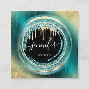 QR-Code-Logo-Shop Schwarze Gold-Tropfen Aquamarin  Quadratische Visitenkarte