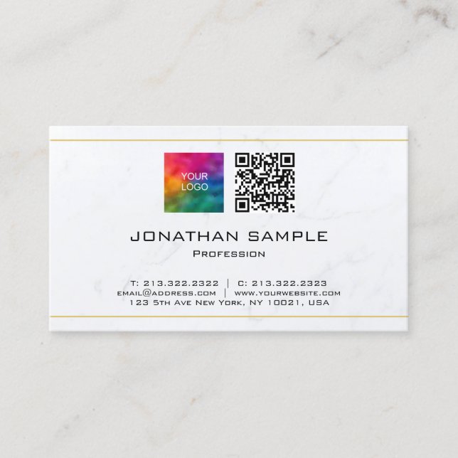 QR-Code Logos aus weißem Marmor hochladen Gold Visitenkarte (Vorderseite)
