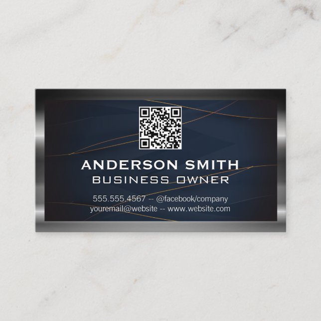 QR-Code | Luxury Blue Gold Lines | Metallische Gre Visitenkarte (Vorderseite)