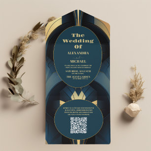 QR Code Luxury Blue und Gold Art Deco Hochzeit All In One Einladung