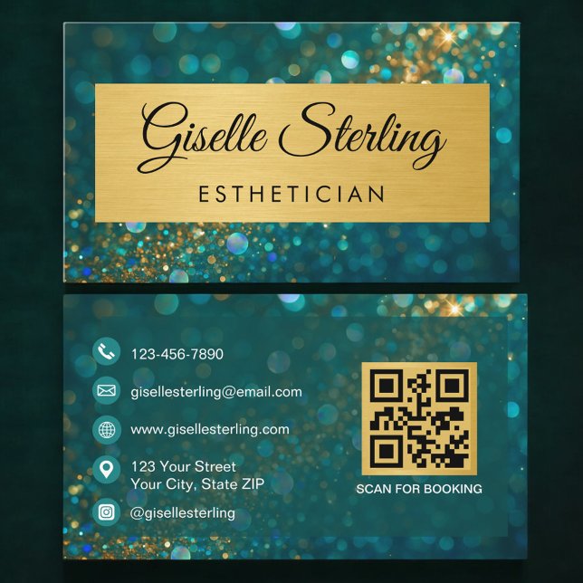 QR Code Luxury Esthetician Gold Teal Glitter  Visitenkarte (Von Creator hochgeladen)
