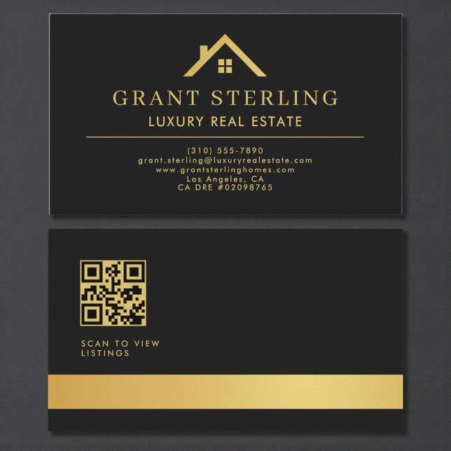 QR Code Luxury Real Estate Agent Black Gold Visitenkarte (Von Creator hochgeladen)