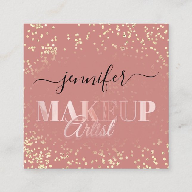 QR Code Makeup Artist Gold Confetti Rose Blush Quadratische Visitenkarte (Vorderseite)