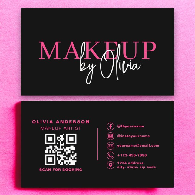 QR Code Makeup Artist Hot Pink Social Media Visitenkarte (Von Creator hochgeladen)