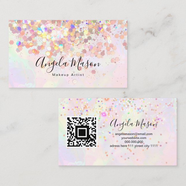 QR Code Marbled Makeup Artist Holographic Glitzer Visitenkarte (Vorne/Hinten)