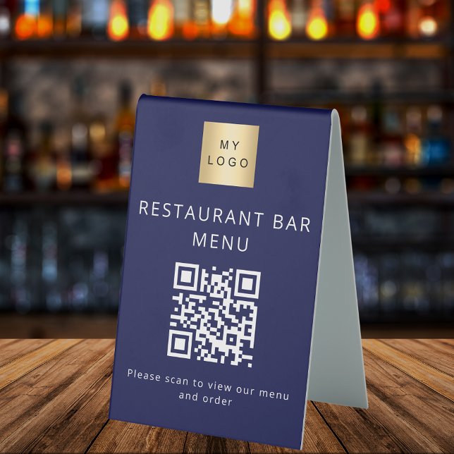 QR Code Marine blauen Restaurant Café Bar Scan Men Tischaufsteller (Von Creator hochgeladen)
