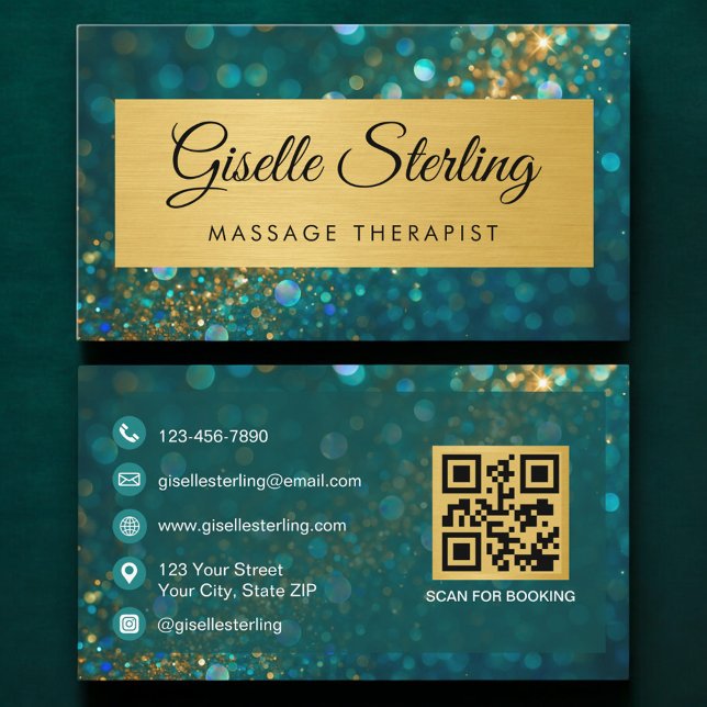 QR Code Massage Therapist Gold Teal Glitter  Visitenkarte (Von Creator hochgeladen)