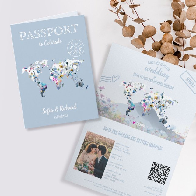 QR Code Meadow Wedding Destination Passport Map  Einladung (dusty blue mountain wedding passport)