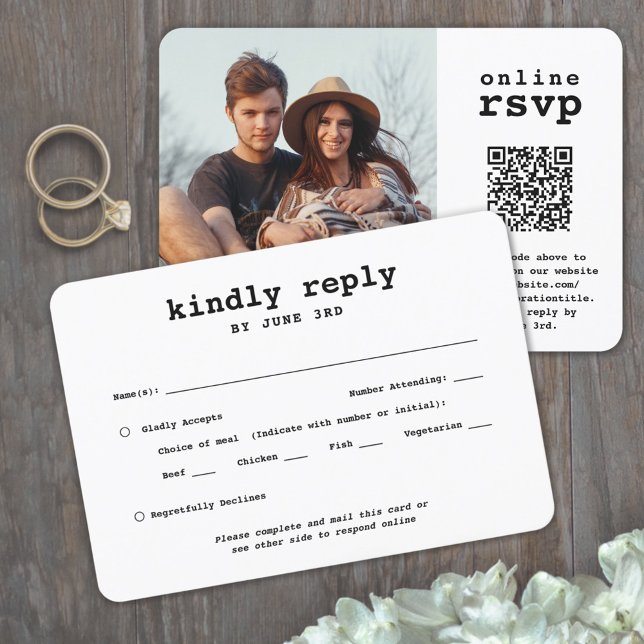 QR Code & Meal Options Wedding Foto Schreibmaschin RSVP Karte (Von Creator hochgeladen)