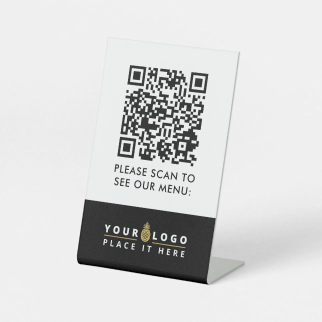 QR-Code-Menü Schwarze Logos kontaktlose moderne Ca Sockelschild (Vorderseite)