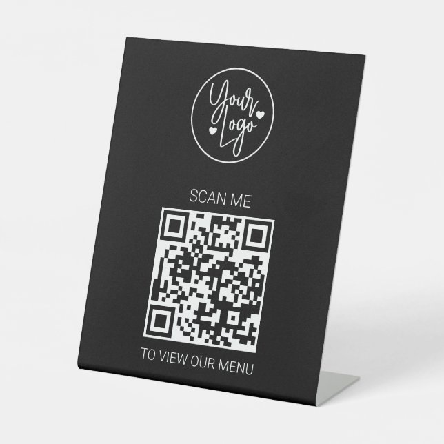 QR Code Menü Schwarzes Logo Modern berührungslos Sockelschild (Vorderseite)
