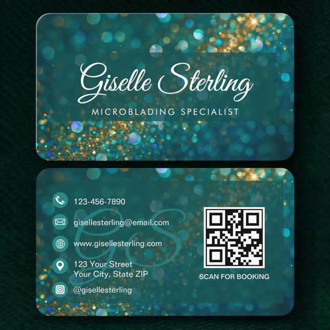 QR Code Microblading Teal Gold Glitter  Visitenkarte (Von Creator hochgeladen)
