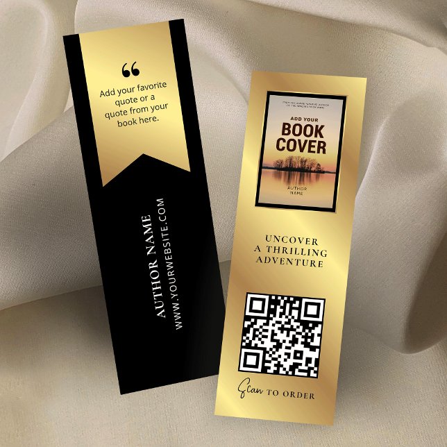 QR Code MINI Black Gold Lesezeichen Card Visitenkarte (Black and faux gold Book Promotion MINI Bookmark with custom QR code and book cover image)