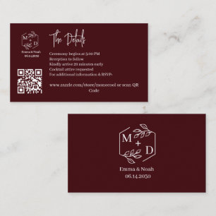 Qr-Code-Minimal-Monogramm-Hochzeitsdetails Burgund Begleitkarte