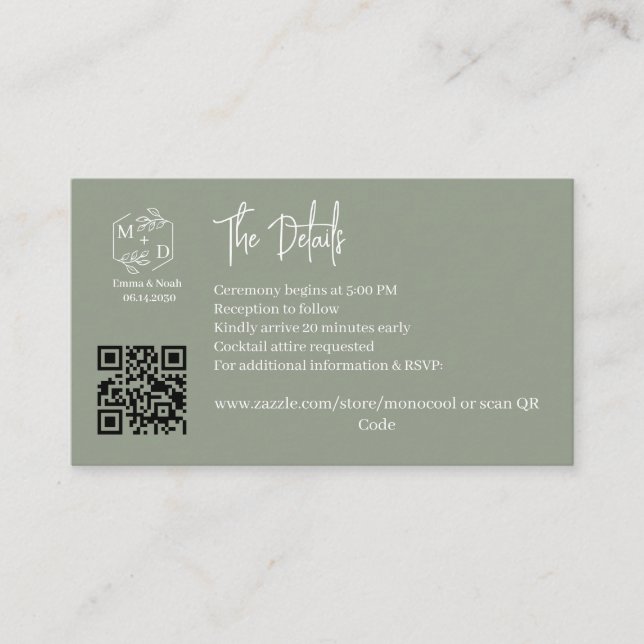 Qr-Code-Minimal-Monogramm-Hochzeitsdetails SageGre Begleitkarte (Vorderseite)