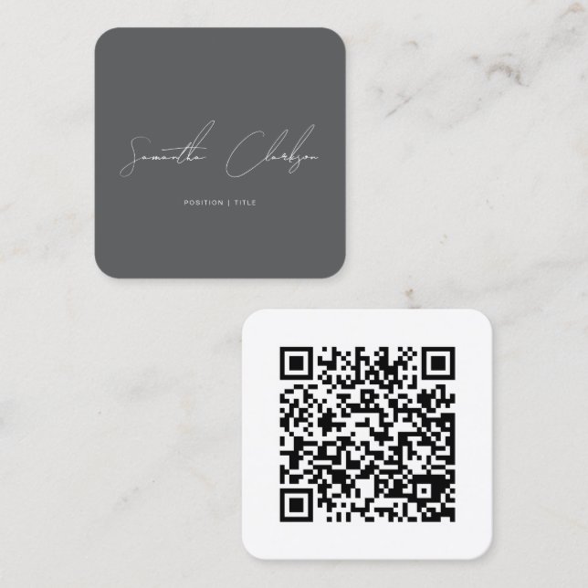 QR-Code Minimalist Dunkelgrau Handschrift-Script Quadratische Visitenkarte (Vorne/Hinten)