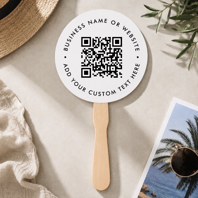 QR-Code | Minimalistische reine White Round Fächer (Modern event hand fan with scannable QR design for events tables, warm venues & promo merchansie)