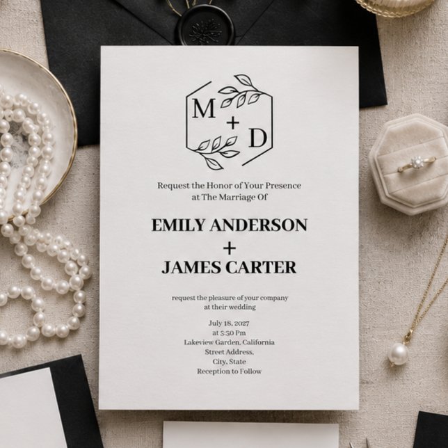 QR-Code Minimalistisches Botanisches Monogramm Hoc Einladung (black and white monogram elegant wedding invitation)
