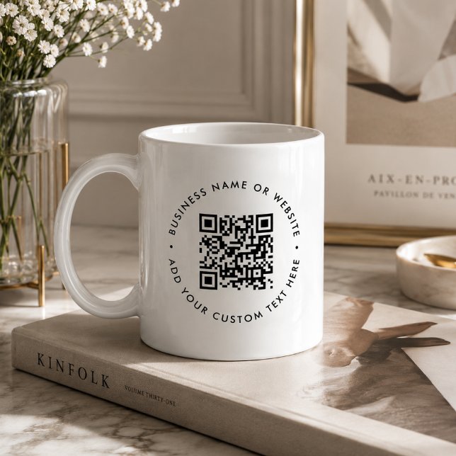 QR-Code | Minimalistisches sauberes, einfaches Wei Kaffeetasse (Custom QR code coffee mug for business websites, booking links, shops, and client desks.)