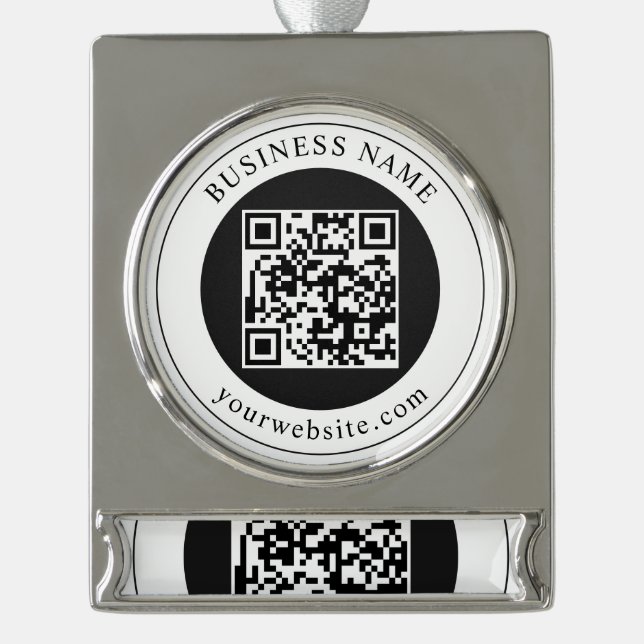 QR-Code mit bearbeitbarem Firmennamen Banner-Ornament Silber (Vorderseite)