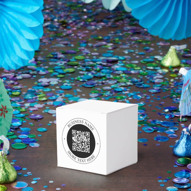 QR-Code mit editierbarem Firmennamen und kreisförm Geschenkschachtel (Party)