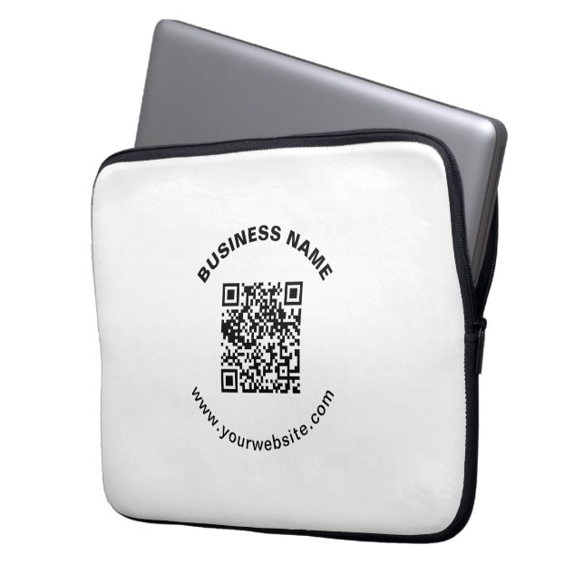 QR-Code mit Firmenname Fett Kreistext Laptopschutzhülle (Vorderseite Links)