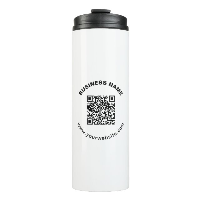QR-Code mit Firmenname Fett Kreistext Thermosbecher (Vorderseite)