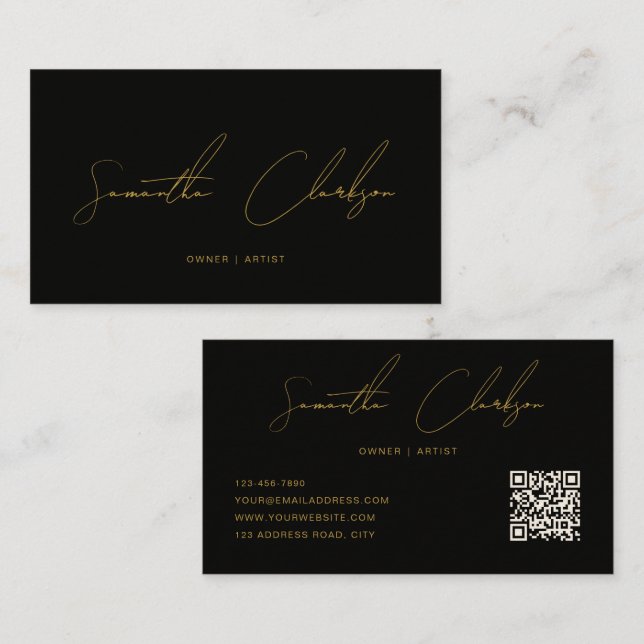 QR Code Modern Black & Gold Handwritten Script Visitenkarte (Vorne/Hinten)