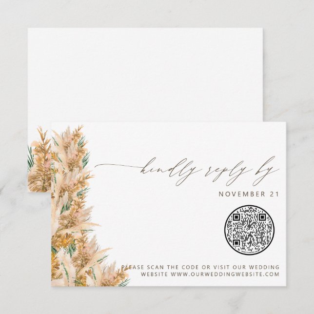 QR Code Modern Boho Pampas Grass Wedding RSVP Karte (Vorne/Hinten)