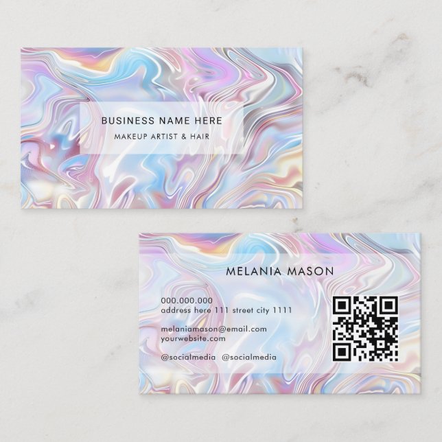 QR Code Modern Elegant Holographic Marble Pastel Visitenkarte (Vorne/Hinten)