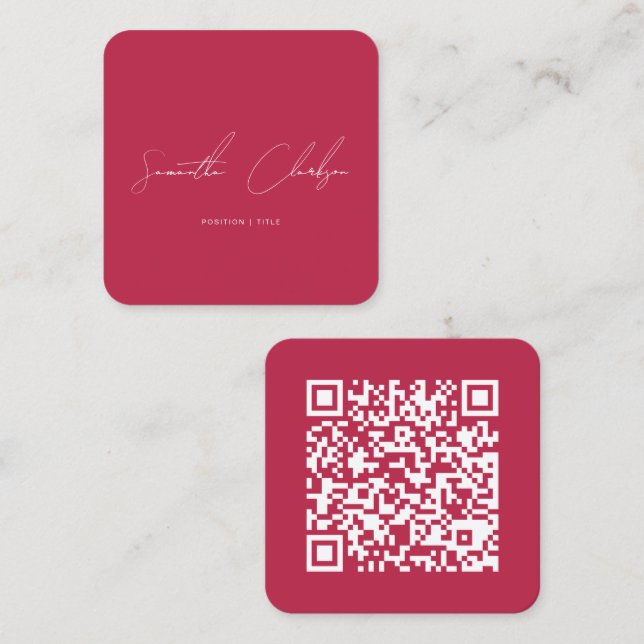 QR Code Modern Magenta Hot Pink Handwritten Script Quadratische Visitenkarte (Vorne/Hinten)