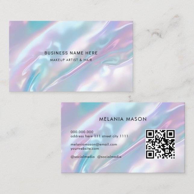 QR Code Modern Makeup Artist Elegant Holographic Visitenkarte (Vorne/Hinten)