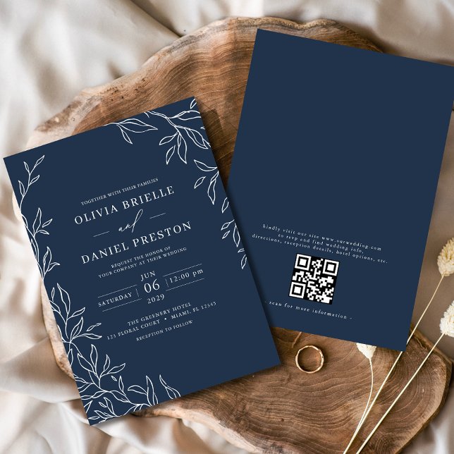 QR Code Moderne blaue Minimal-Leaf-Hochzeit Einladung (Von Creator hochgeladen)