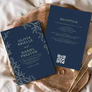 QR Code Moderne Blue Gold Minimal Leaf Hochzeit Einladung