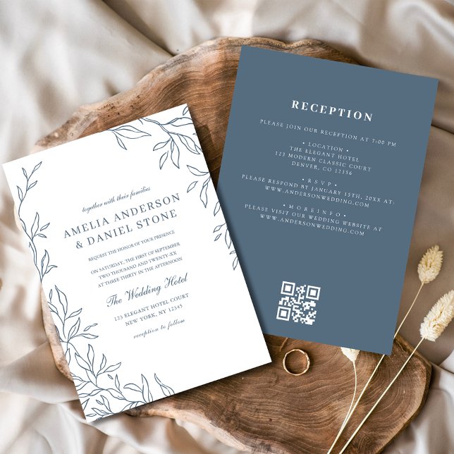 QR Code Moderne Dusty Blue Minimal Leaf Hochzeit Einladung (Von Creator hochgeladen)