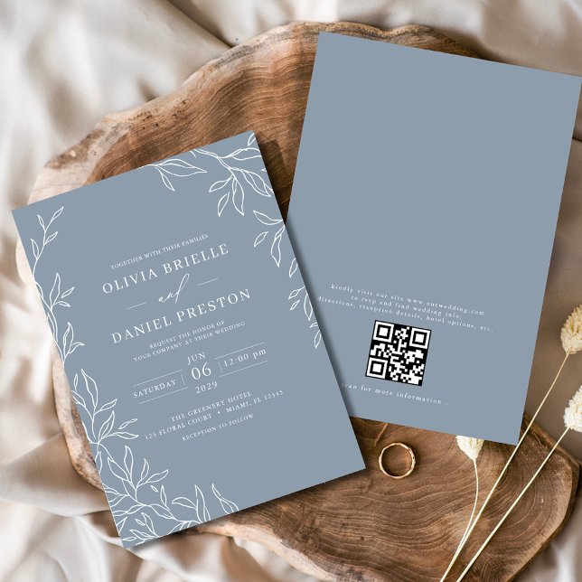 QR Code Moderne Dusty Blue Minimal Leaf Hochzeit Einladung (Von Creator hochgeladen)
