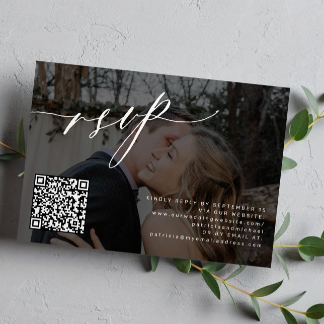 QR-Code Moderne Kalligraphie Foto Hochzeit RSVP Karte (Von Creator hochgeladen)