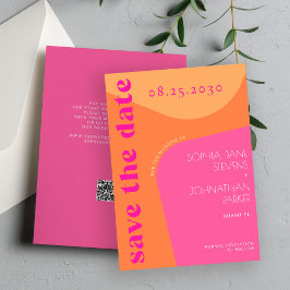 QR-Code Moderne Retro-Groovy Orange-Rosa Hochzeit Save The Date