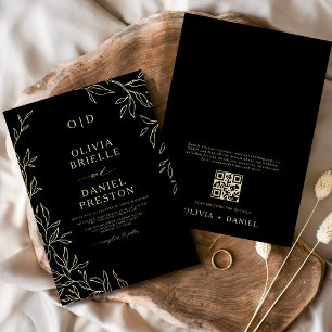 QR Code Moderne Schwarz/Gold Minimal Leaf Hochzeit Einladung