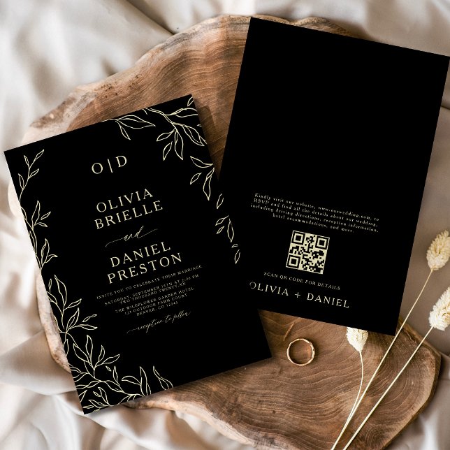 QR Code Moderne Schwarz/Gold Minimal Leaf Hochzeit Einladung (Von Creator hochgeladen)
