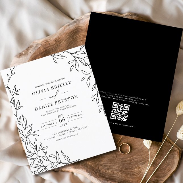 QR Code Moderne Schwarz/Weiß Minimal Leaf Hochzeit (Von Creator hochgeladen)