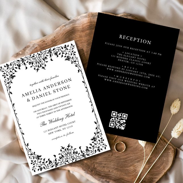 QR Code Moderne Schwarz/Weiß Minimal Leaf Hochzeit Einladung (Von Creator hochgeladen)