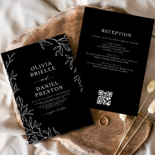 QR Code Moderne Schwarz/Weiß Minimal Leaf Hochzeit Einladung