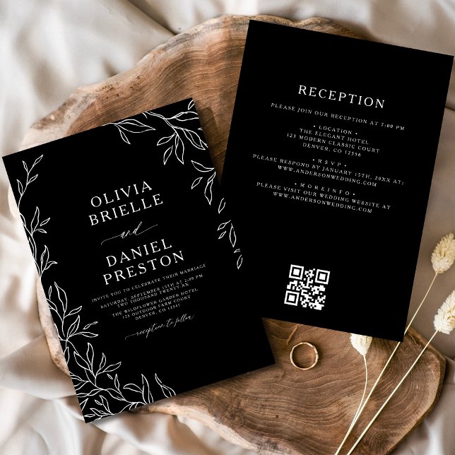 QR Code Moderne Schwarz/Weiß Minimal Leaf Hochzeit Einladung (Von Creator hochgeladen)