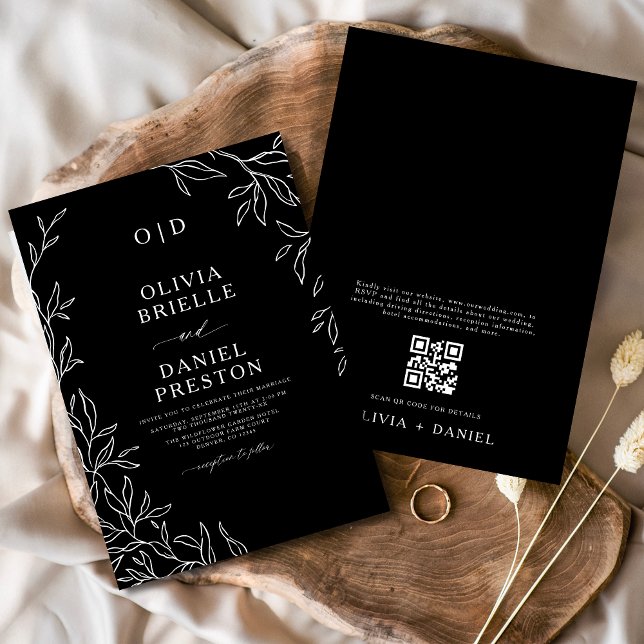 QR Code Moderne Schwarz/Weiß Minimal Leaf Hochzeit Einladung (Von Creator hochgeladen)