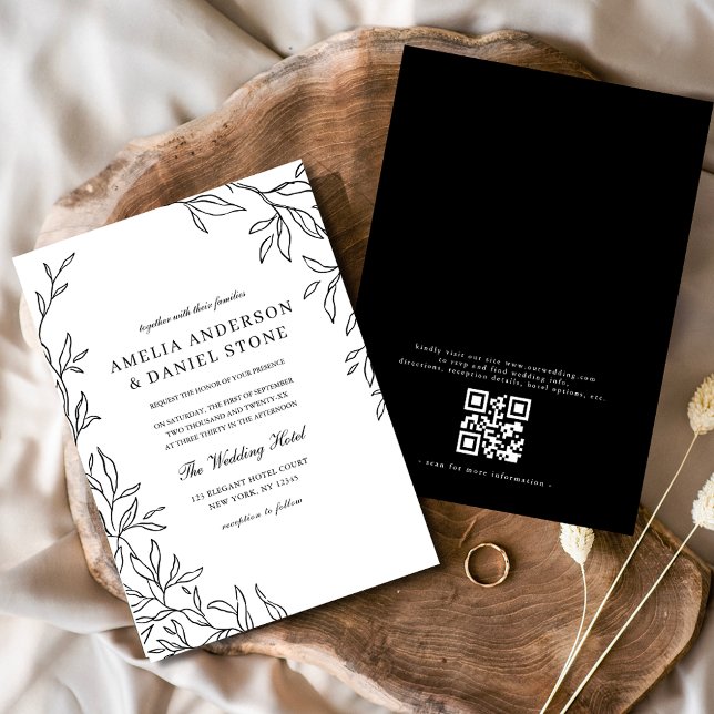 QR Code Moderne Schwarz/Weiß Minimal Leaf Hochzeit Einladung (Von Creator hochgeladen)