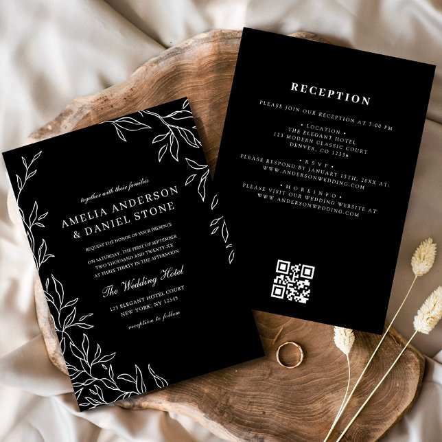 QR Code Moderne Schwarz/Weiß Minimal Leaf Hochzeit Einladung (Von Creator hochgeladen)