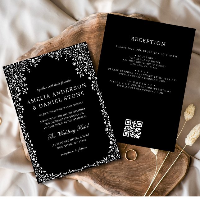 QR Code Moderne Schwarz/Weiß Minimal Leaf Hochzeit Einladung (Von Creator hochgeladen)